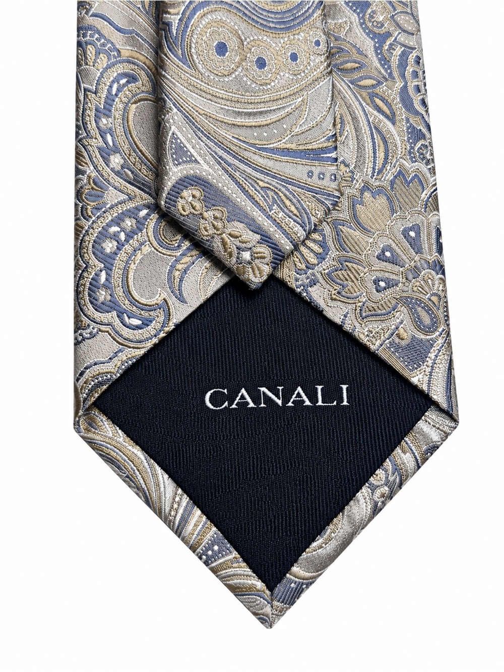 Canali Italy Luxury Silk Tie Paisley Silver Blue Gold Mens Necktie Authentic - Picture 4 of 11